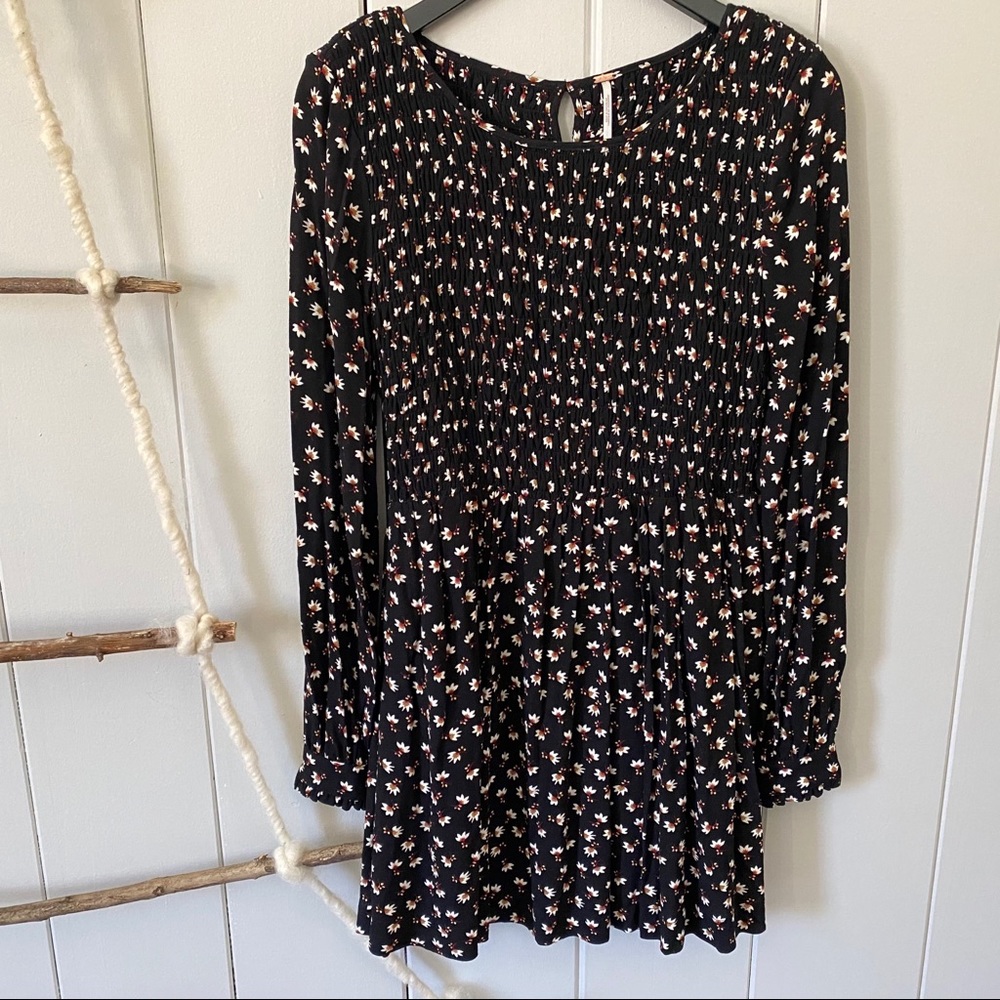 Free People Black Floral Ruched Babydoll Dress